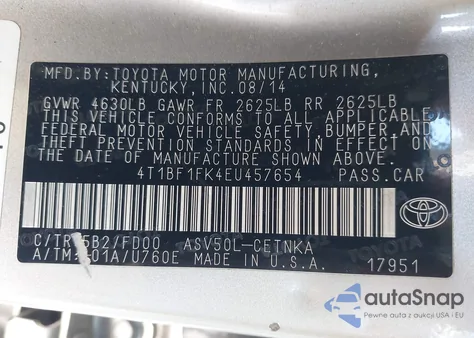2014 Toyota Camry Le from USA, damaged, VIN 4T1BF1FK4EU457654
